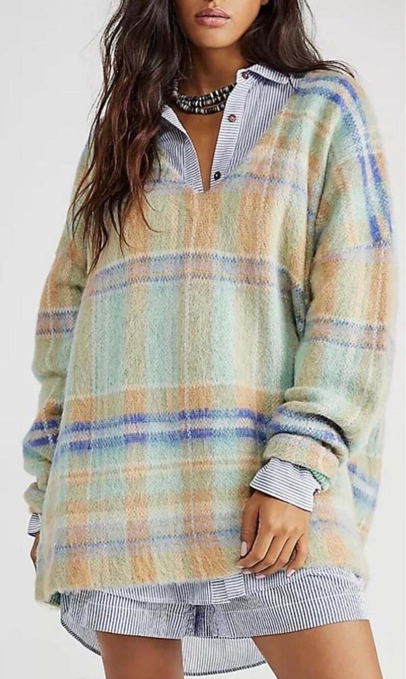 Free People Primrose Plaid Sweater V-Neck Oversized Heavy Knit Large